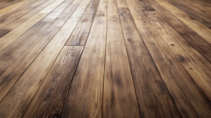 Empty wooden floor with visible knots and grains, creating a warm, rustic atmosphere in perspective view.