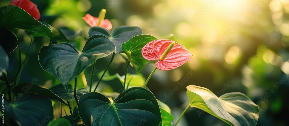 Poster Selective focus on anthurium vittarifolium plants viewed from beneath in the sunlight. with copy space image. Place for adding text or design