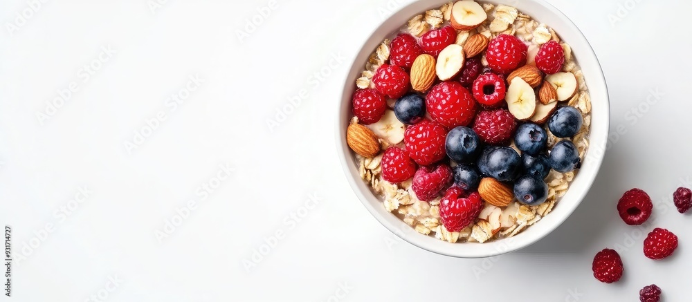 Aufkleber overnight oatmeal topped with fresh berries and nuts set against a white background concept of a hea