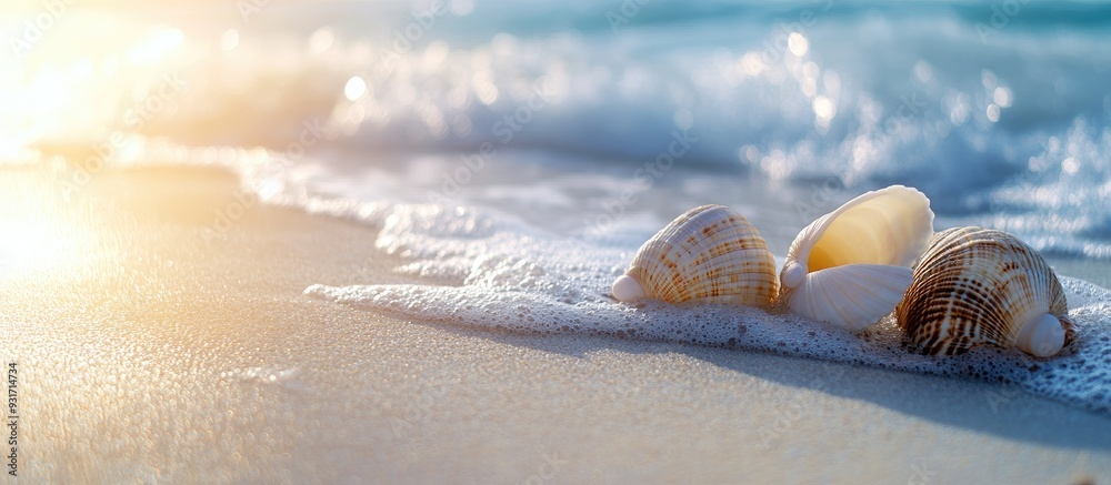 Poster seashells on a sandy beach summer vacation backdrop by the sea. with copy space image. place for add