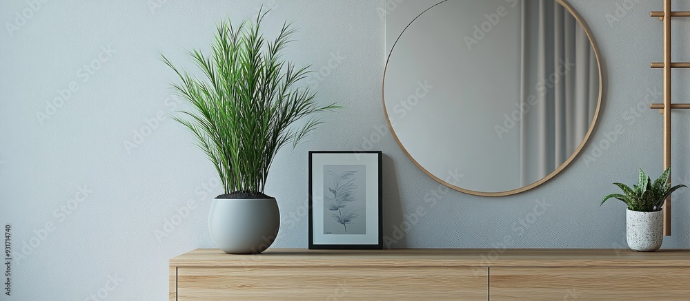 Poster plant on a wooden cabinet positioned between a mirror and a rack in a contemporary anteroom with a p