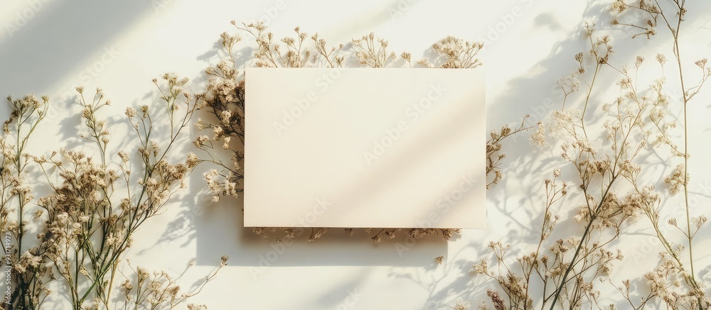 Aufkleber blank greeting card invitation and envelope mockup minimal floral border created from dried flowers 