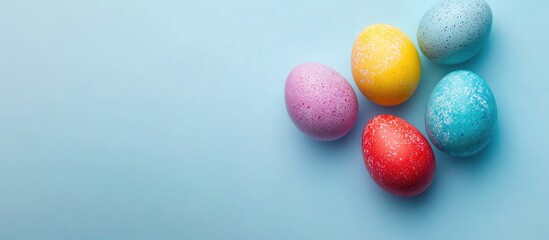 Colorful Easter eggs colored with dyed water set against a light blue background representing the design concept for Easter holiday activities close up copy space