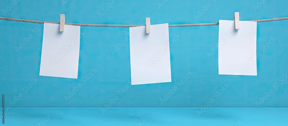 Poster empty sheets of paper hanging on a clothesline against a blue background. with copy space image. pla