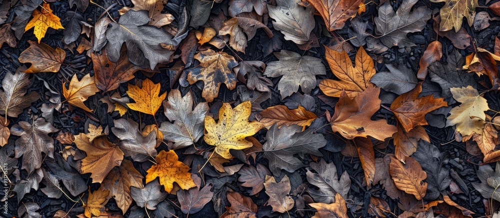 Poster fallen autumn leaves and growths on aged wood. with copy space image. place for adding text or desig