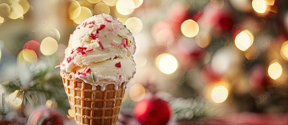 Poster Ice Cream Cone with Festive Decoration Innovative Christmas Idea. with copy space image. Place for adding text or design