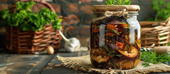 Jar of homemade marinated eggplant in a wicker basket Copyspace