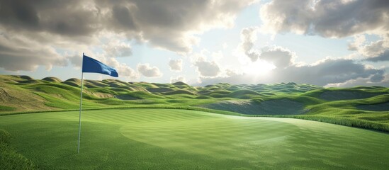 Tropical golf course fairway and putting green featuring a blue flag and pin with dry hills and a stormy sky in the background. with copy space image. Place for adding text or design