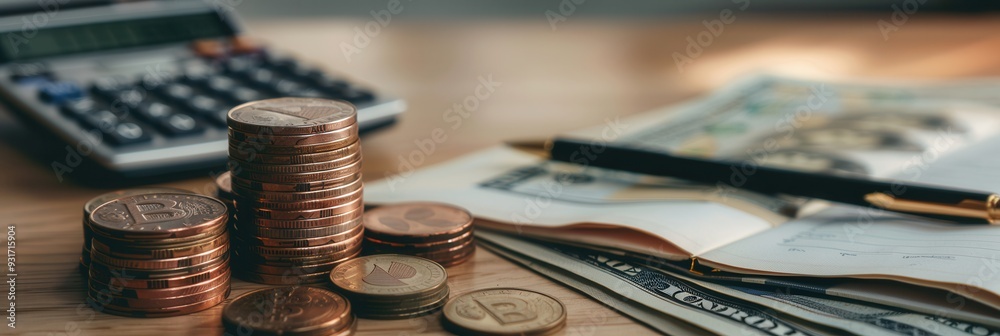 Fototapete A stack of coins and cash is placed next to an open notebook filled with financial notes and calculations, set on a wooden desk in the afternoon light. Generative AI
