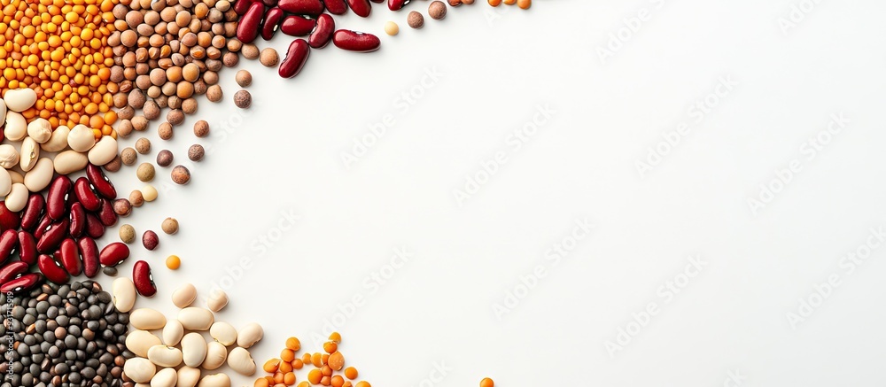 Poster Pulses arranged from above on a white background with space for text Red kidney pinto and black beans lentils chickpeas soybeans and black eyed peas create a frame. with copy space image
