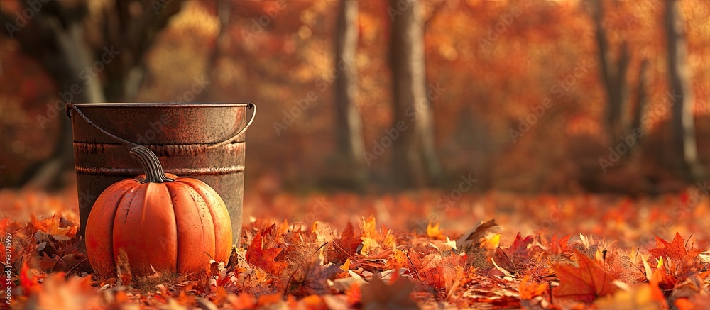 Poster a fall themed backdrop highlighting a small pumpkin in sharp focus while a bucket and autumn leaves 