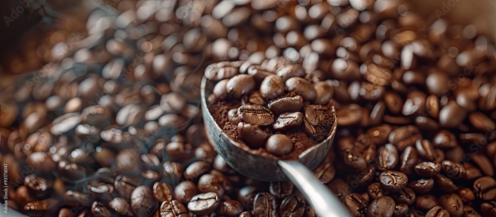 Leinwandbilder Close up of coffee beans beside a scoop for filling. with copy space image. Place for adding text or design