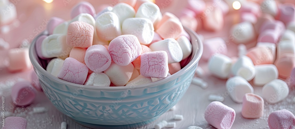 Aufkleber Bowl filled with colorful marshmallows on a white table Room for text. with copy space image. Place for adding text or design