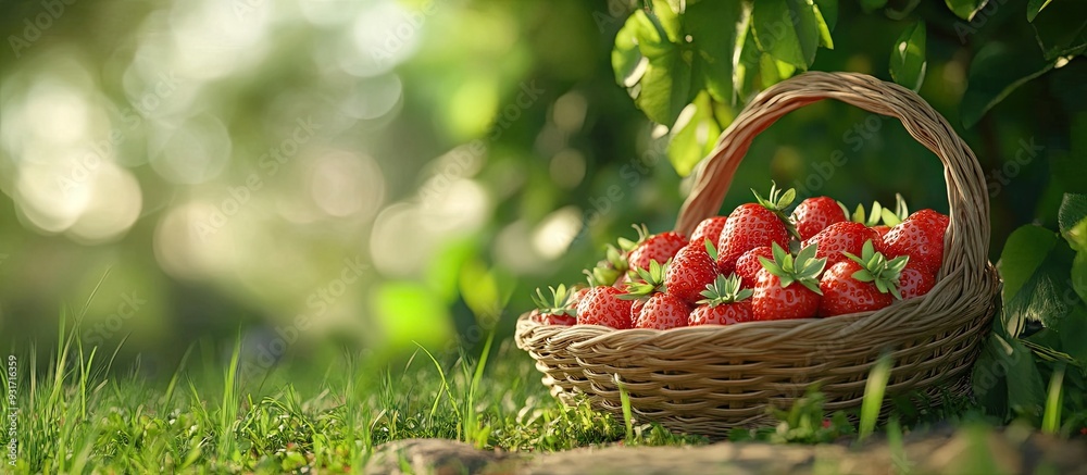 Poster strawberries in a basket in the yard. with copy space image. place for adding text or design