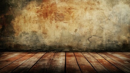Grunge-style scene with a worn wooden floor and a rough, distressed wall, ideal for textured backgrounds or design projects.