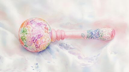 A soft watercolor depiction of a baby rattle with light pastel colors and subtle patterns, [baby rattle watercolor], [playful and soft]