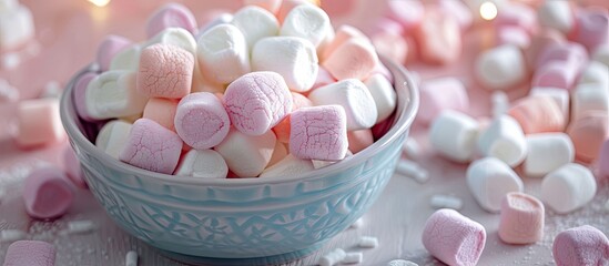 Bowl filled with colorful marshmallows on a white table Room for text. with copy space image. Place for adding text or design