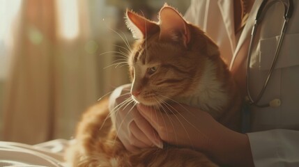 A veterinarian caring for a ginger cat, capturing a moment of trust and compassion in a warm, inviting environment.