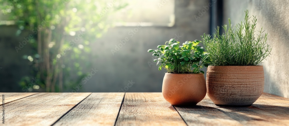 Aufkleber gardening idea vegetable plants in a ceramic pot on an aged wooden table. with copy space image. pla