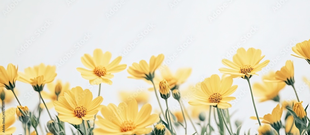 Poster Close up view of yellow flowers set against a white background. with copy space image. Place for adding text or design