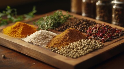 A vibrant assortment of spices arranged on a wooden platter, showcasing rich colors and textures perfect for culinary inspiration.