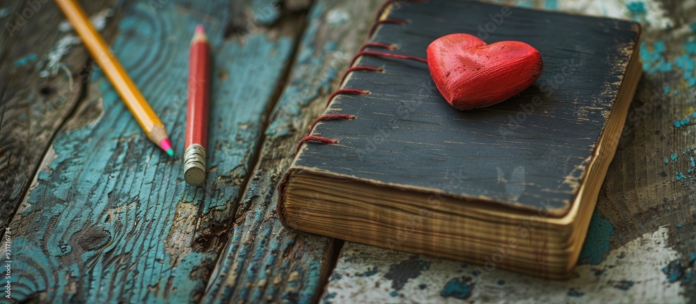 Aufkleber Pencils and a notebook on a weathered wooden surface valentine theme. with copy space image. Place for adding text or design