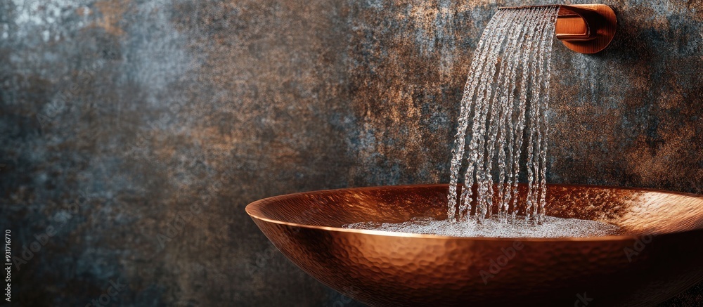 Poster Water flows into the copper wash basin. with copy space image. Place for adding text or design
