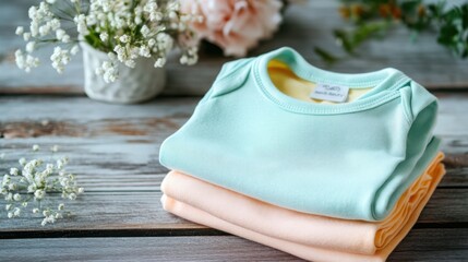  A charming baby onesie in soft pastel hues, neatly folded and set on a wooden surface, [baby onesie], [soft and adorable]