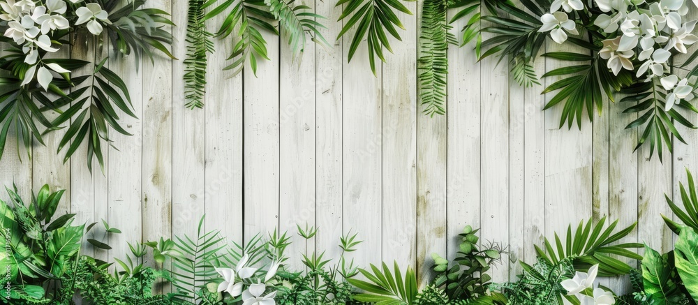 Aufkleber floral white bamboo design on green wooden slats. with copy space image. Place for adding text or design