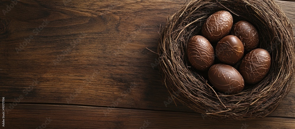 Leinwandbilder Easter Chocolate eggs rest in a nest on a brown wooden table. with copy space image. Place for adding text or design