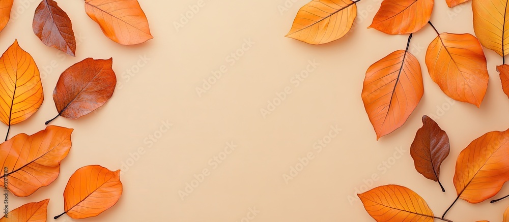 Poster autumn arrangement orange leaves on a beige backdrop with copy space top view flat layout left side