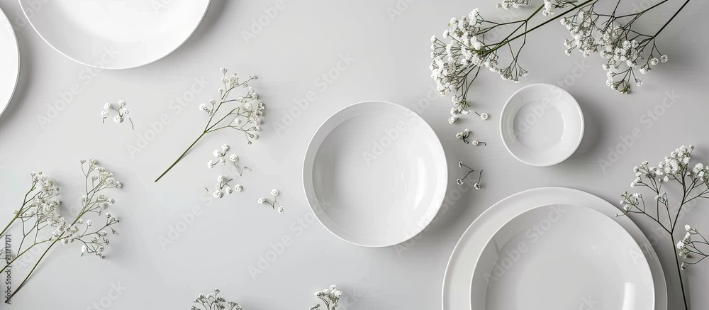 Fototapete White empty plates on a white culinary backdrop Kitchen and cooking template mock up Top view. with copy space image. Place for adding text or design