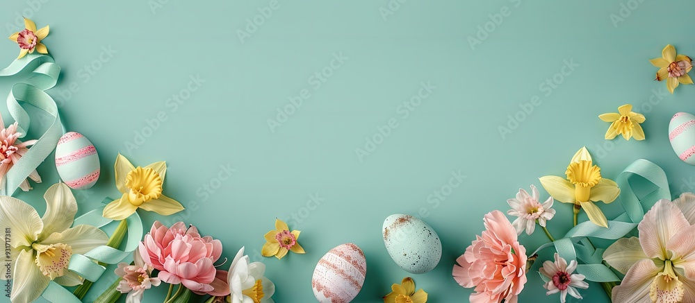 Poster Easter egg decorated with flowers An arrangement of Easter food with space for text. with copy space image. Place for adding text or design