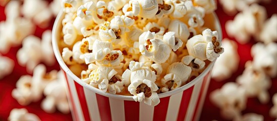 Popcorn in a red and white striped cardboard bucket set against a white background. with copy space image. Place for adding text or design