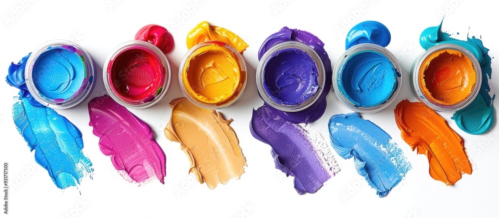 Poster Colorful collection of basic acrylic paints against a white background top view. with copy space image. Place for adding text or design