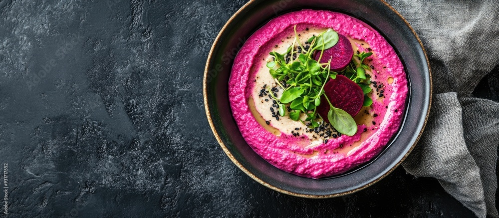 Poster hummus with beet and microgreen basil sprouts in a ceramic bowl set against a black concrete backgro