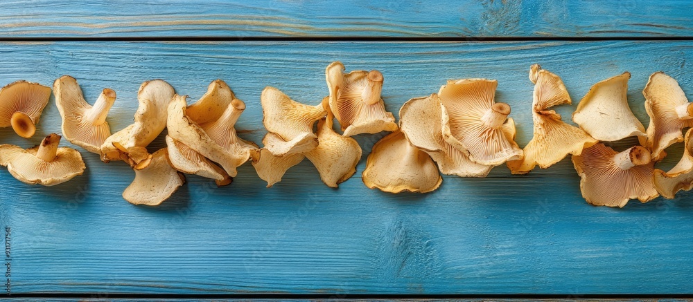 Aufkleber dry mushroom chips arranged in a row on a blue wooden surface. with copy space image. place for addi