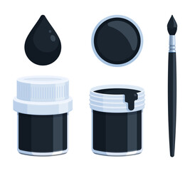 Set of black paint bottle with brush and paint drop. Flat vector illustration isolated on white background. Tempera, gouache, acrylic, and watercolor painting concepts. Perfect for creative projects