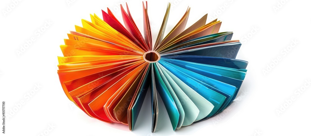Poster Top view of vibrant hardback books arranged in a circle An open book with fanned pages set against a white background providing free copy space Back to school copy space Educational background