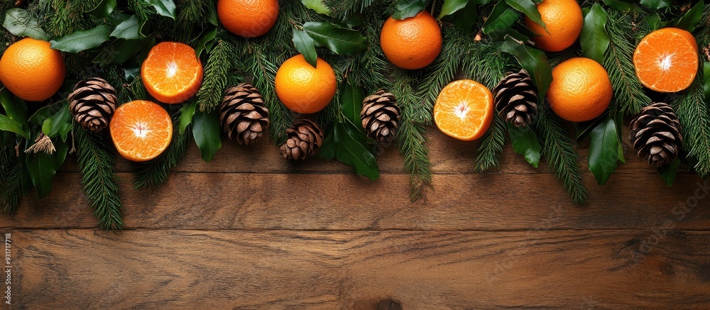 Aufkleber Christmas decorations feature fir branches cones and tangerines on a wooden backdrop. with copy space image. Place for adding text or design