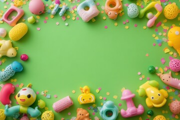 Obraz premium Colorful Baby Toys Arranged Around a Green Background