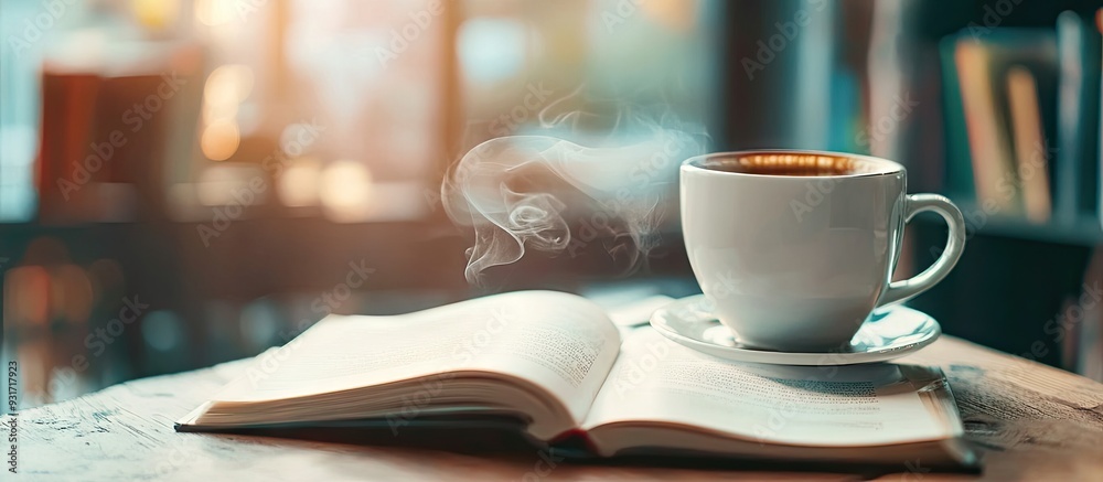 Poster coffee morning at work with a book or laptop selective focus beverage. with copy space image. place 