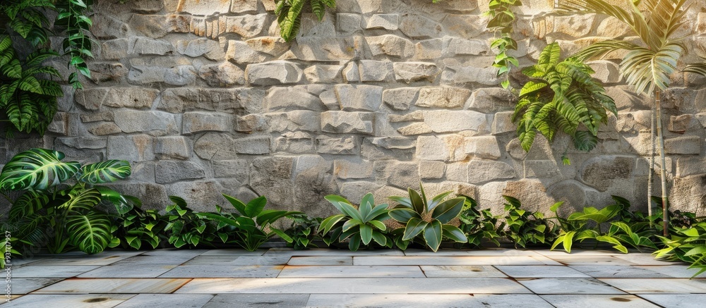 Poster Natural stone wall featuring plants in the background. with copy space image. Place for adding text or design
