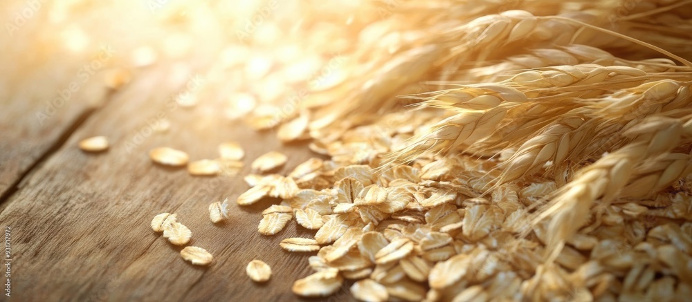 Poster oat grains on a wooden table oatmeal abundant harvest a nutritious fresh dry oat meal. with copy spa