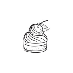 Tasty beautiful realistic cupcake with strawberry and blueberry, cherry and chocolate cream in black isolated on white background. Hand drawn vector sketch illustration doodle vintage engraved style.