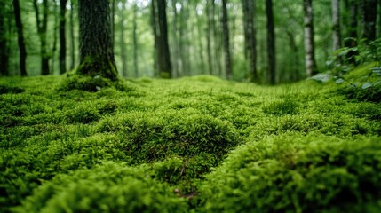 Fototapeta premium Lush, dense green moss carpeting a forest floor, creating a soft and vibrant natural setting