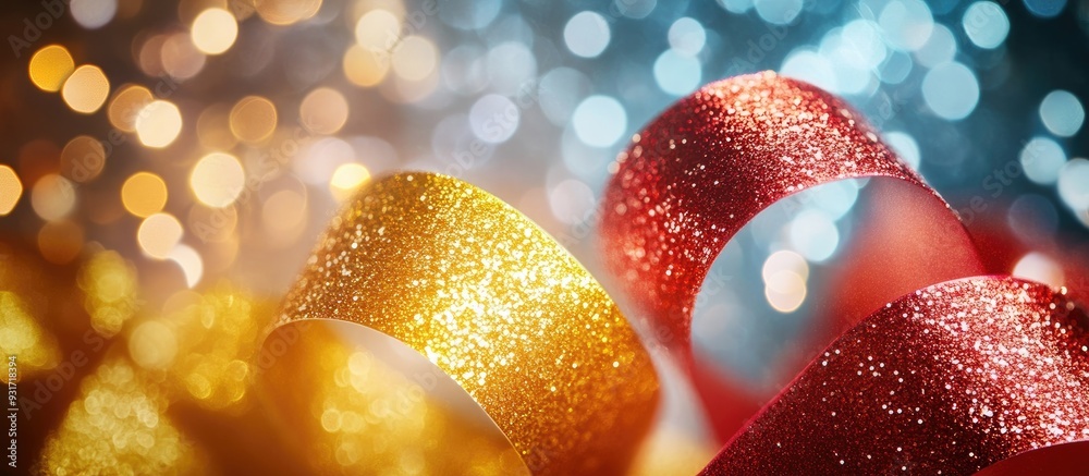 Aufkleber Closeup of a beautiful red and yellow glitter ribbon with a blurred background. with copy space image. Place for adding text or design