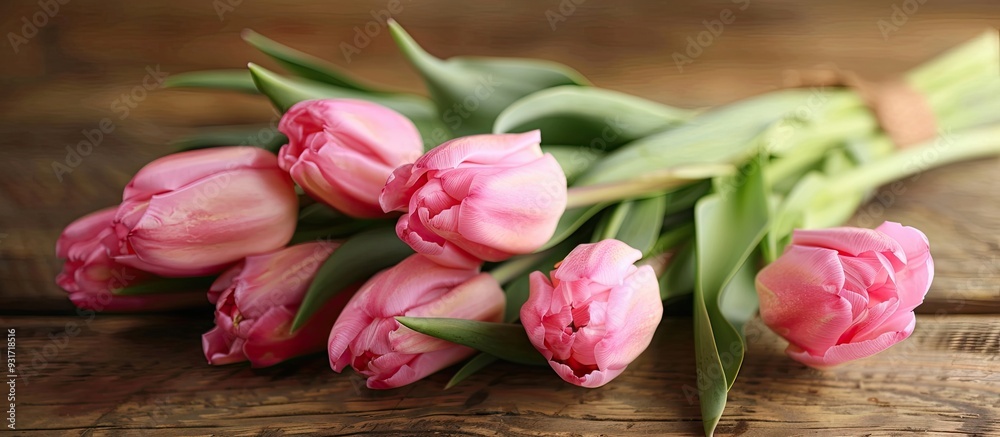 Leinwandbilder lovely bouquet of fresh pink tulips on a light wooden table close up area for text. with copy space 