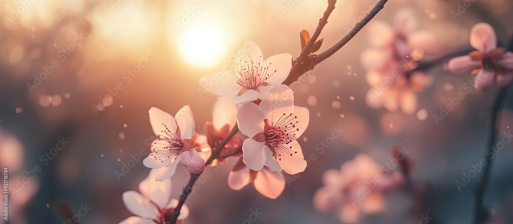 Aufkleber Beautiful and fresh almond blossoms on their branches at dawn. with copy space image. Place for adding text or design