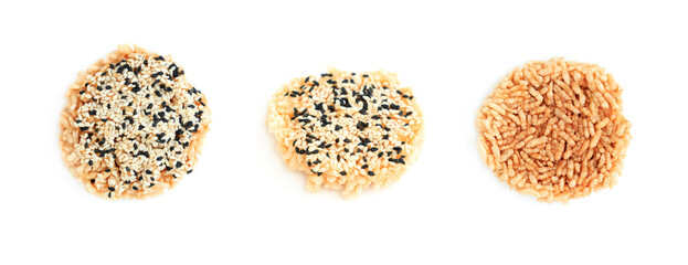 Rice cracker with sugar cream and white sesame and black sesame toppings isolated on white background, Homemade biscuits, Thai name is Khao Tan